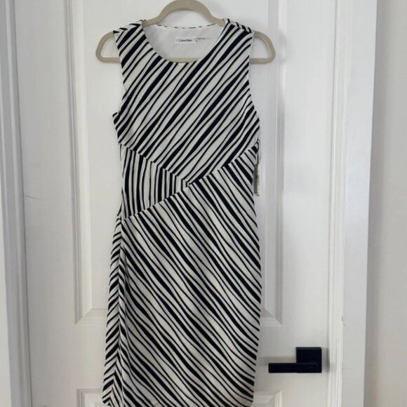 Calvin Klein Dresses & Skirts - CALVIN KLEIN NWT Stretch Black White Striped Asymmetrical Sheath Dress Size 4